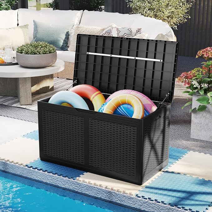 Moccha 100-Gallon Outdoor Storage Box - Waterproof Resin Deck Box with Lockable Lid & Wheels, Faux Rattan Outdoor Storage Bench for Pool Accessories, Garden Tool, Patio Furniture Cushion (Black)