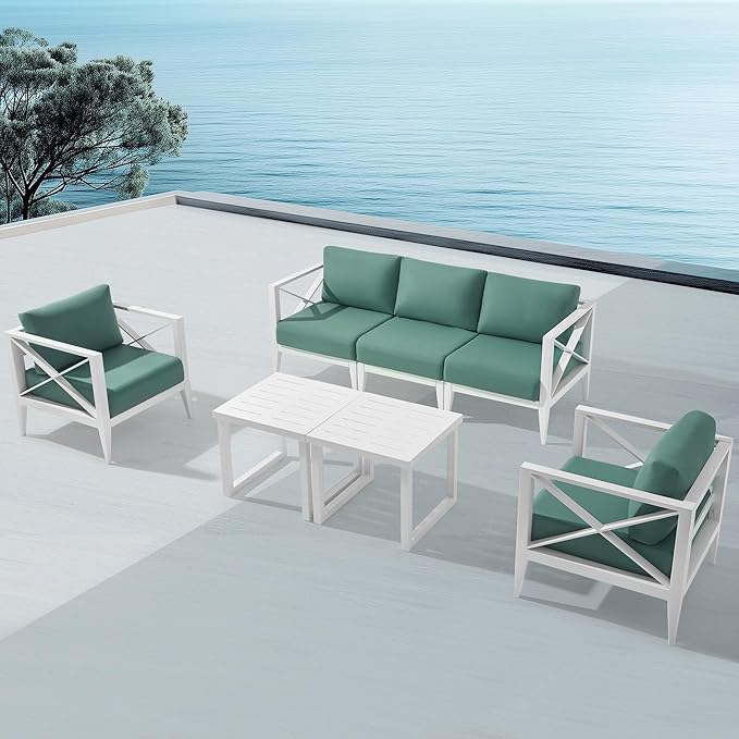 MBY Outdoor Aluminum Patio Furniture Set, 5-Seats Patio Conversation Sofa Set with 2 Coffee Tables, All Weather for Pool, Balcony, Garden-White