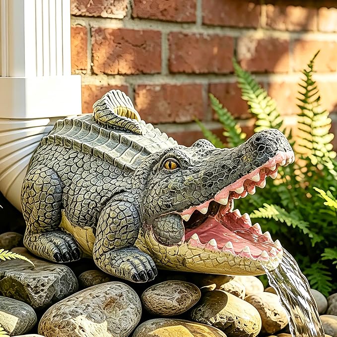 Teaeeno Alligator Decor Statue Gutter Downspout Extension Decorative,Crocodile Gutter Animal Statue Outdoor Decor,3"×4" Rain Gutter Downspout Splash Block,Garden Splash Block Outdoor Sculpture (Green)