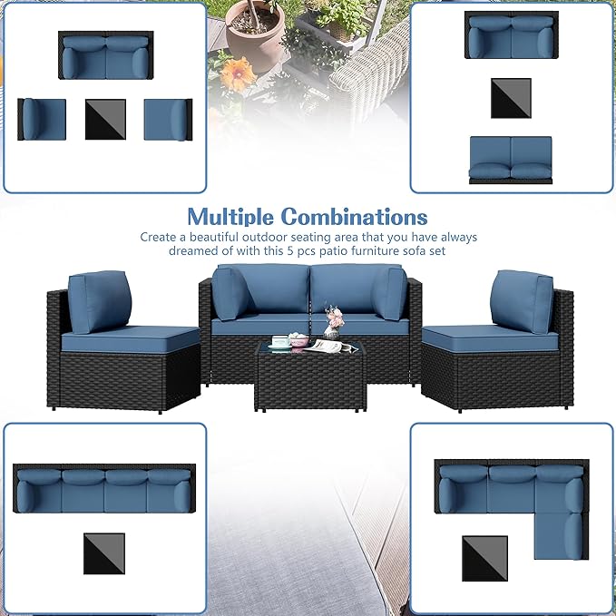 Patio Furniture Sets, 5 Piece Outdoor Sectional Sofas, Wicker Rattan Outdoor Furniture Patio Conversation Set, All-Weather PE Rattan Outdoor Couch for Backyard, Garden, Black & Aegean Blue