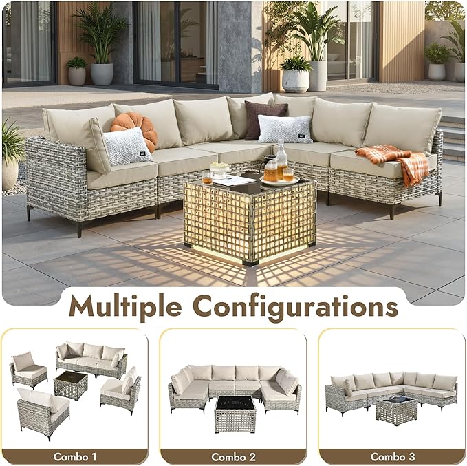 7 Pieces Patio Furniture Set with Solar Light Coffee Table, All-Weather Rattan Outdoor Sectional Conversation Sets L Shaped Sofas with Thick Cushions for Porch Balcony Backyard Beige