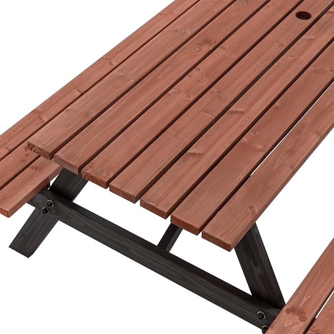 75" Outdoor Wooden Picnic Table with Benches Set, Dining Table Set with 2-Inch Umbrella Hole, One-Piece Wood Picnic Table for Backyard Garden Patio Party Gathering