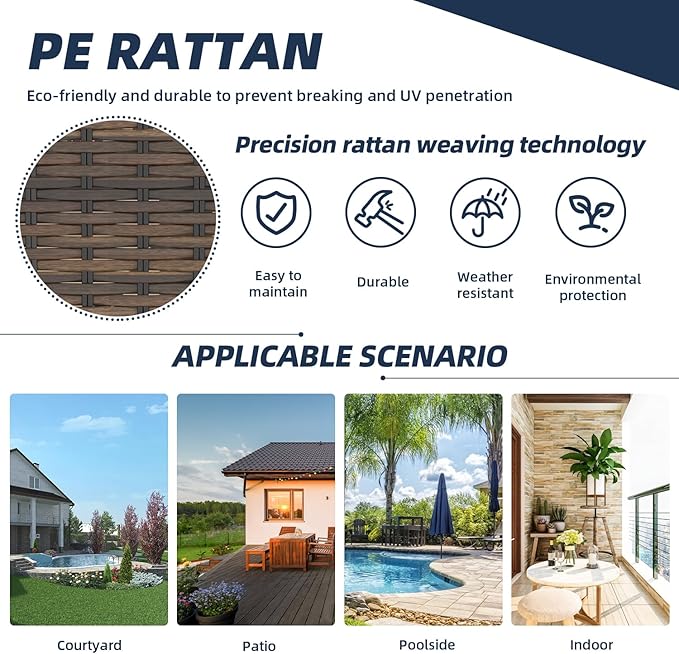 EROMMY 3 Pieces Patio Furniture Set, Outdoor Swivel Rocker Patio Chairs, Wicker Patio Bistro Set with Rocking Chair, Thickened Cushions and Glass Coffee Table for Backyard, Garden, Navy Blue