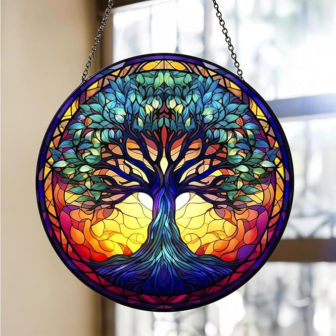 Tree of Life Suncatcher Stained Glass Window Hanging | 7.9 in, Catcher, Garden Decor