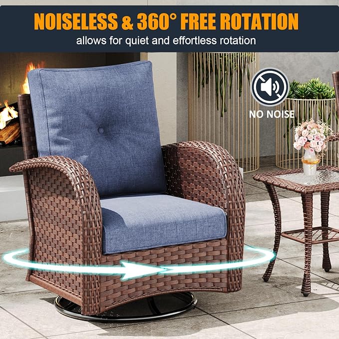 3 Pieces Outdoor Wicker Patio Swivel Rocking Chairs, All Weather Wicker Conversation Set with Side Table