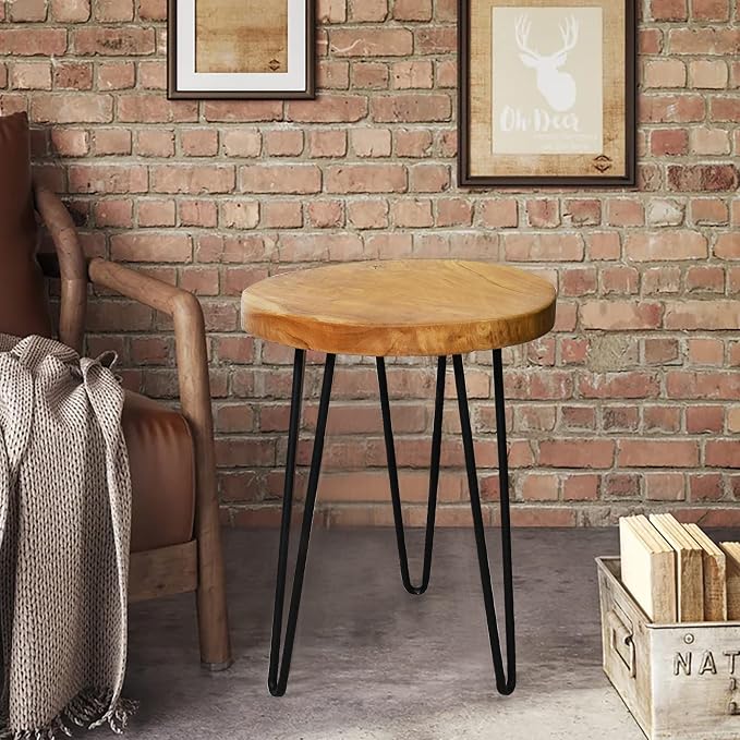 Round Teak Wood Side Table 15" x 15" x 20.4" H Vintage Wooden Slab Coffee Live Edge Tables Solid Wood Rustic Plant Stand Accent End Tables Living Room Patio Bedroom Nightstand