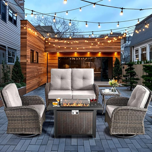 HUMMUH 5-Piece Patio Set with Glider Loveseat, Swivel Rockers and Fire Pit | 4 in cushions, PE wicker, powder-coated steel frames, 50,000 BTU gas fire pit, for backyard, poolside, and deck