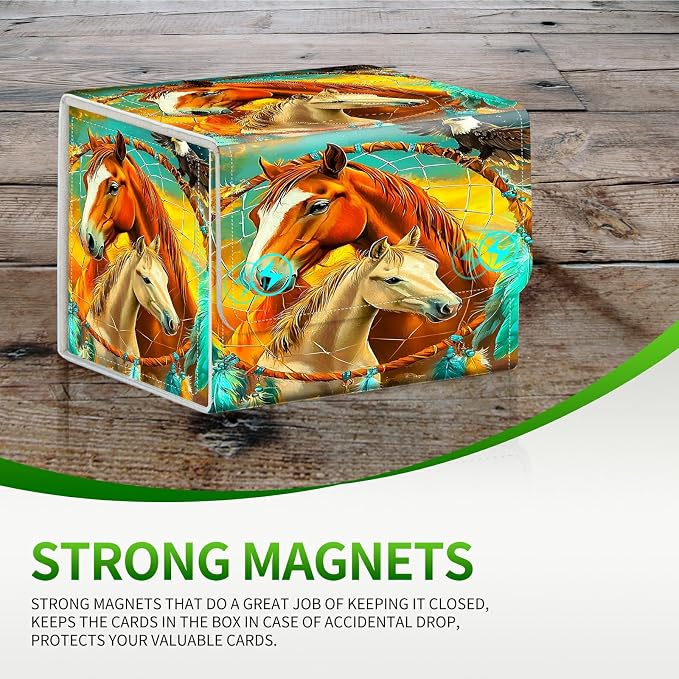 Card Deck Box for MTG, Cards Storage Box Fits 120+ Sleeved, Leather Small Size Strong Magnetic Closing Card Case for Board Games Magic TCG Baseball Collection, Two Horses Paving Dream Net