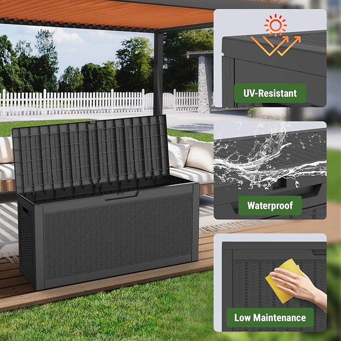 Mars Villa 60 Gallon Deck Box, Outdoor Storage Box Waterproof, Outside Resin Storage Bin for Outdoor Patio Furniture Cushion, Pool Supply, Garden Tool, UV-Resistant and Weatherproof, Rattan Black