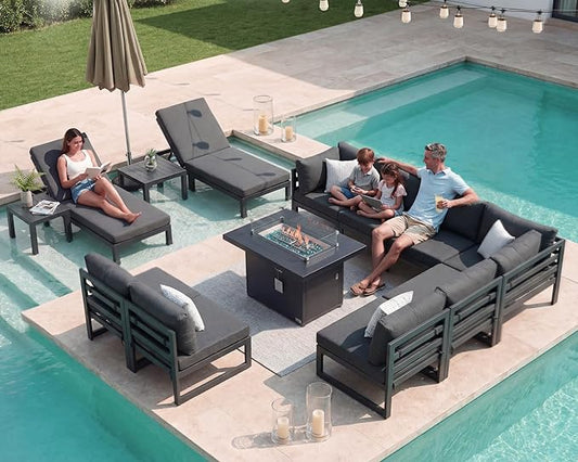 NICESOUL 13 Pcs Large Contemporary Aluminum Outdoor Furniture Set with Chaise Lounge & Fire Pit Table, 29" Deep Wide Couch Set, 500 lbs Heavy Duty Comfy Patio Sectional Sofa for Poolside, Dark Gray