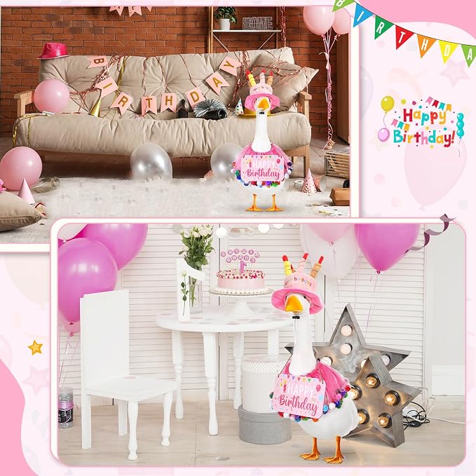 Happy Birthday Porch Goose Outfit Lawn Goose Cloth Costume for 23" Cement Plastic Patio Yard Statue Outdoor(Pink,Tutu Skirt)