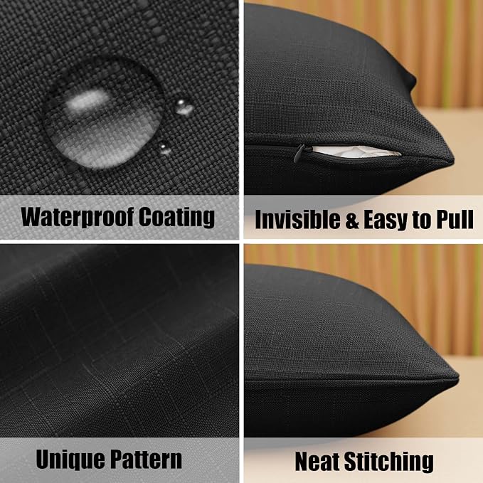 NiNi ALL Waterproof Outdoor Pillow Covers 18x18 Set of 2 Patio Black | Faux Linen Textured Decorative Solid Throw Pillow Covers Farmhouse for Garden Furniture Tent Balcony Couch Sofa Cushion