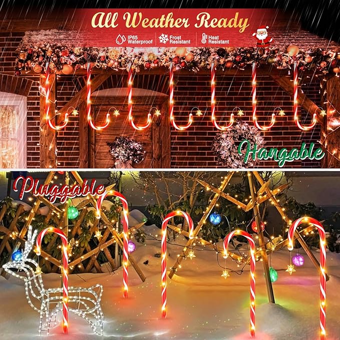 BUCASA 12 Pack Christmas Decorations Outdoor Solar Candy Cane Lights, Solar Christmas Pathway Lights with USB Charge, 10 Modes 72 LEDs Waterproof Outdoor Christmas Decorations for Garden Yard Pathway