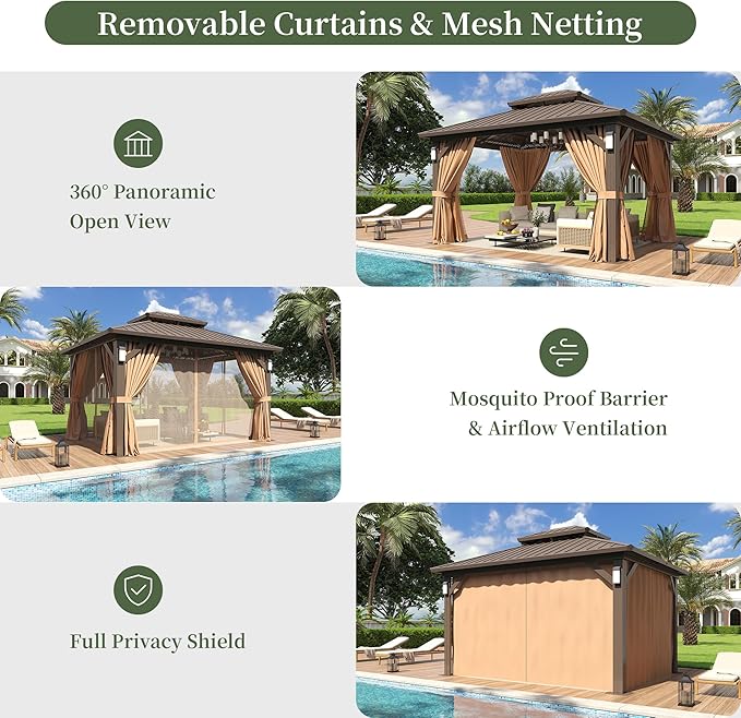 Aoxun 12'x10' Hardtop Gazebo with 4 LED Lights, Outdoor Gazebo with Galvanized Steel Double Roof, Patio Gazebo with Breathable Netting & Privacy Curtain, Decor Hooks for Backyard, Brown