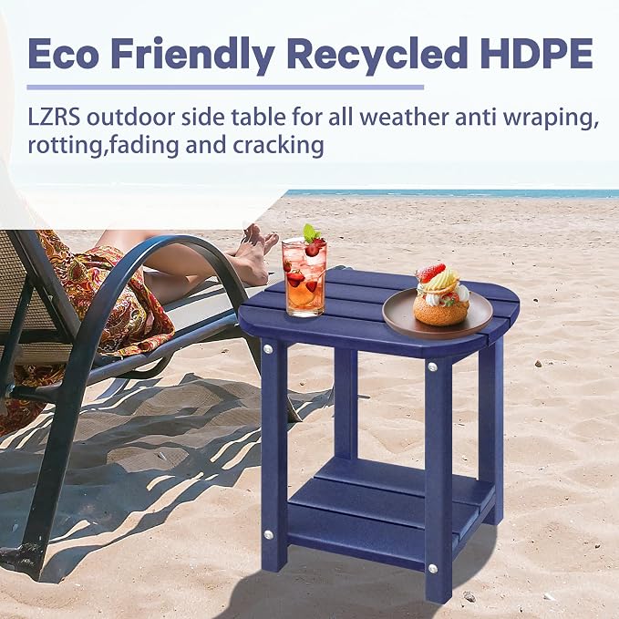 LZRS Patio End Table, Heavy Duty HDPE Outdoor Coffee Table with Wood Texture, Weatherproof Composite Table for Adirondack Chairs, Deck, Pool, Indoor/Outdoor, No Peeling Cracking(Navy Blue)