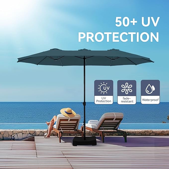 GREEN PARTY 15 ft Rectangular Patio Umbrella with Base Included, Large Double-Sided Outdoor Table Umbrella with Crank, 1.9" Pole UPF 50+ UV Resistant for Pool Deck Backyard Garden, Cerulean