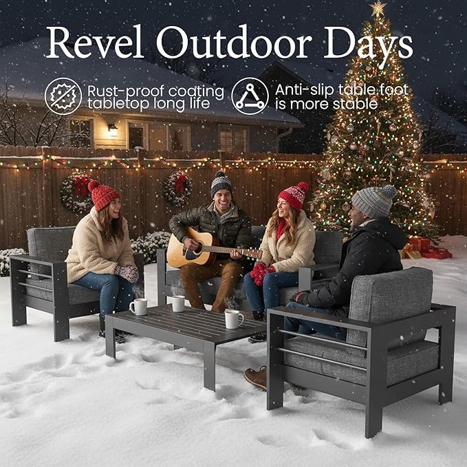 LayinSun Outdoor Aluminum Furniture Set, 4 Pieces Patio Sectional Conversation Chat Sofa Modern Seating Set with Coffee Table