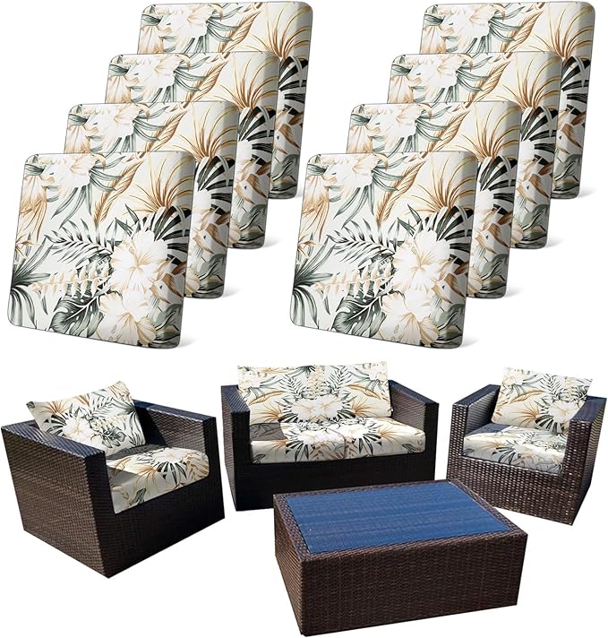 CALBODE 8Pcs Stretch Patio Cushion Cover, Tropical Floral and Leaf Pattern Sofa Covers for Patio Furniture Cushions Washable Reusable Couch Covers Replacement for All Season(Cover Only)