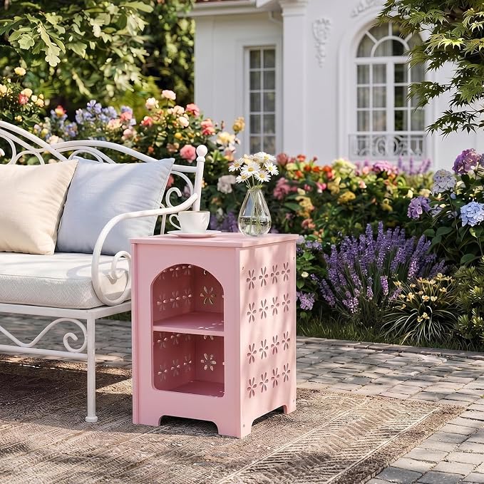 Outvita Side Table for Indoor & Outdoor, Square Modern Side Table with Storage Layer, Night Stand, Bedside Table, Tooless Assembly for Patio, Living Room, Bedroom