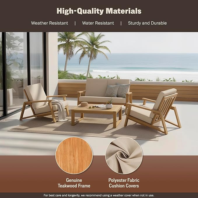 Kinger Home Ezra 4-Piece Deep Seating Teak Wood Patio Furniture Set, Cushioned Loveseat, Armchairs and Coffee Table