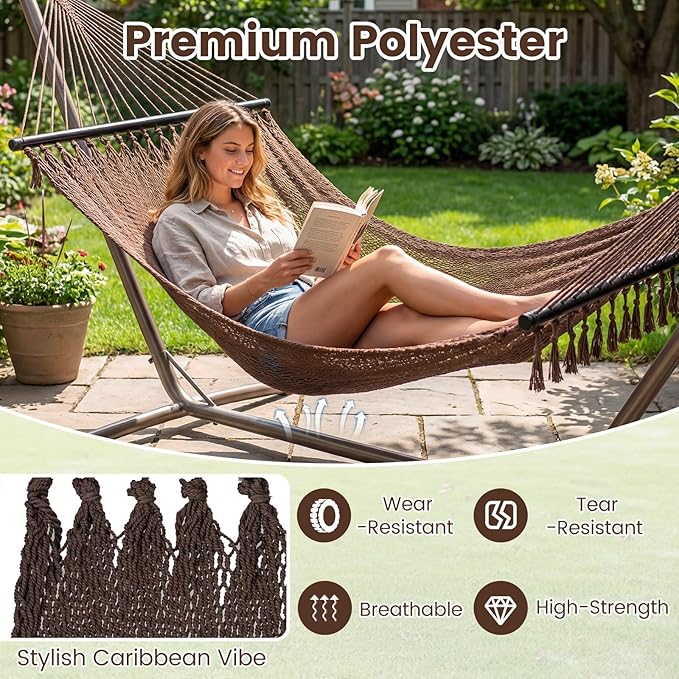 Tangkula 10.5FT Caribbean Double Hammock, Heavy Duty Portable Hammock with Curved Spreader Bars, Soft-Spun Polyester Rope, 2 Person Outdoor Hammocks for Outside, 600 lbs Max Load