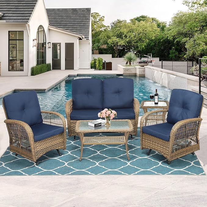 MEETWARM 5 Pieces Outdoor Wicker Patio Conversation Sets with Glider Loveseat, 2 Chairs with 2 Glass-Top Coffee Table Wicker Rocking Glider Set, Wicker Conversation Set w/Thickened Cushions, Navy Blue
