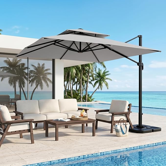 Kingdura Cantilever Patio Umbrella with Double Top Vent, Large Square Aluminum Outdoor Offset Umbrella with 360-degree Rotation, Infinite Tilt, UV Protection for Pool Deck Garden Patio