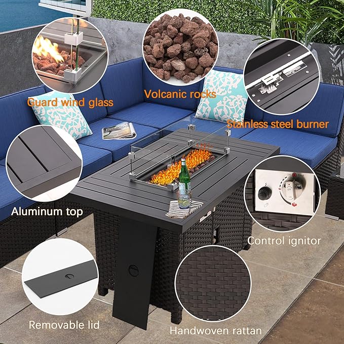 8 PCS Patio Sofa Set with Firepit Table Tempered Coffee Table Outdoor Sectional Set Patio Conversation Set Patio Furniture Sets All Weather with Thick Cushion, Rattan Handwoven