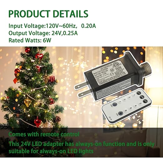 24V 6W 8 Mode LED Controller with Memory Function and IR Remote Control Low Voltage Transformer for Holiday String Lights,not Fit for 8 Mode with Control Box and 1 Mode String Light(1 pcs)