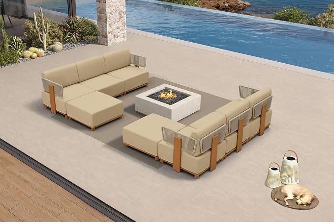 PURPLE LEAF Patio Furniture Set Modular L-Shaped Outdoor Sectional Sofa with 11" Thick Olefin Cushion 8-Piece Outdoor Conversation Set with White Lights & Ottomans for Backyard Garden Poolside, Beige