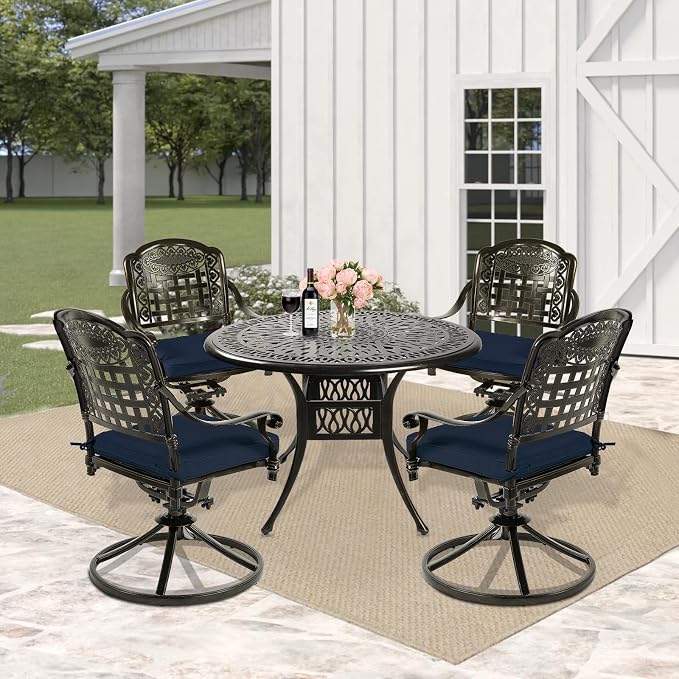 5 Piece Patio Dining Set, Outdoor Table and Chairs Set for 4 Cushioned Swivel Rocking Chairs and 35.4'' Round Table, All-Weather Cast Aluminum Patio Funiture Set, 2'' Umbrella Hole, Navy