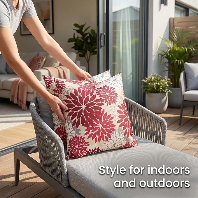 Set of 2 Dahlia Throw Pillow Covers 18×18 Inches Outdoor Waterproof Throw Pillow Cases Red and Pink Decorative Cushion Covers for Patio Funiture Garden Living Room