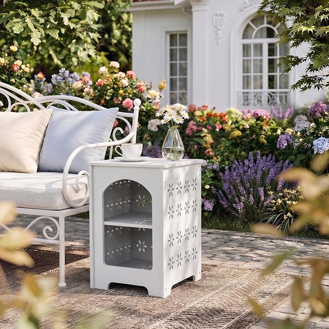 Outvita Side Table for Indoor & Outdoor, Square Modern Side Table with Storage Layer, Night Stand, Bedside Table, Tooless Assembly for Patio, Living Room, Bedroom