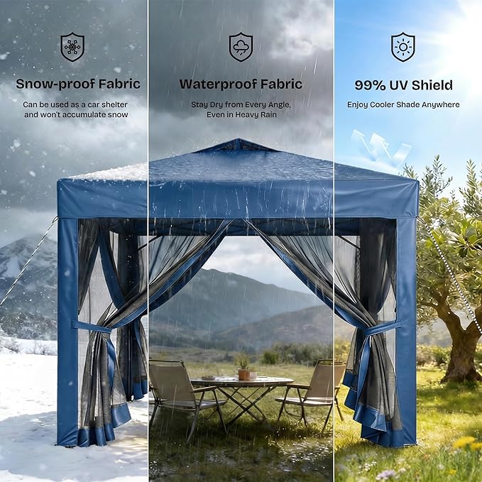 10x10 Pop Up Canopy Tent with Netting,Outdoor Portable Instant Folding Gazebo with 4 Ropes,4 Sandbags and Wheeled Storage Bag,3 Height Positions,Canopy for Patio,Yard,Camping (Blue)