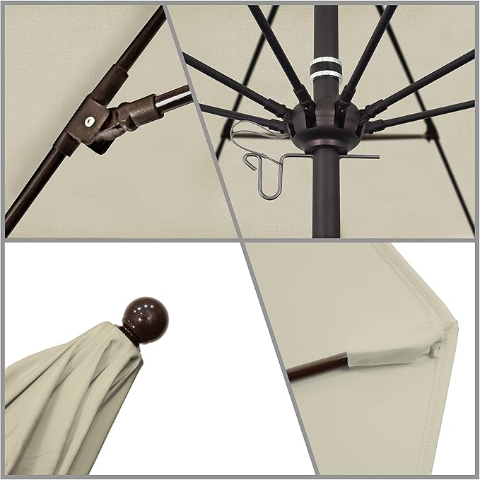 California Umbrella 9' Round Aluminum/Fiberglass Umbrella, Push Open, Bronze Pole, Sunbrella Antique Beige