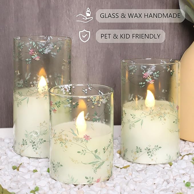 Glass Flameless Candles Flickering Battery Operated LED Pillar Candles Set of 3 with Timer and and 10-Key Remote Green Branch Floral Spring Summer Theme for Wedding Festival Home Decoration