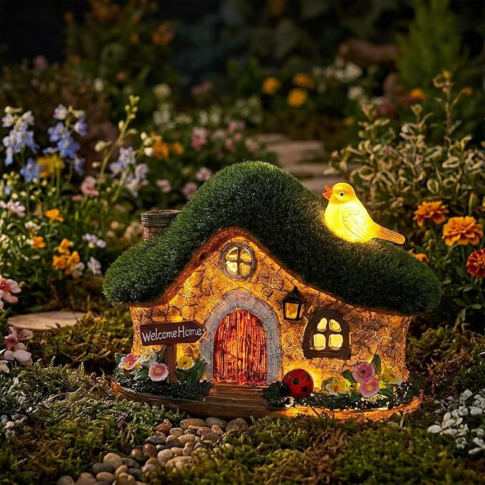 Resin Fairy House Statues with Solar Lights Outdoor for Garden Decor Funny Birds Ladybird Flocked Fairy House with Garden Figurine Patio Yard Lawn Decorations Gift for Mom Women (Green)
