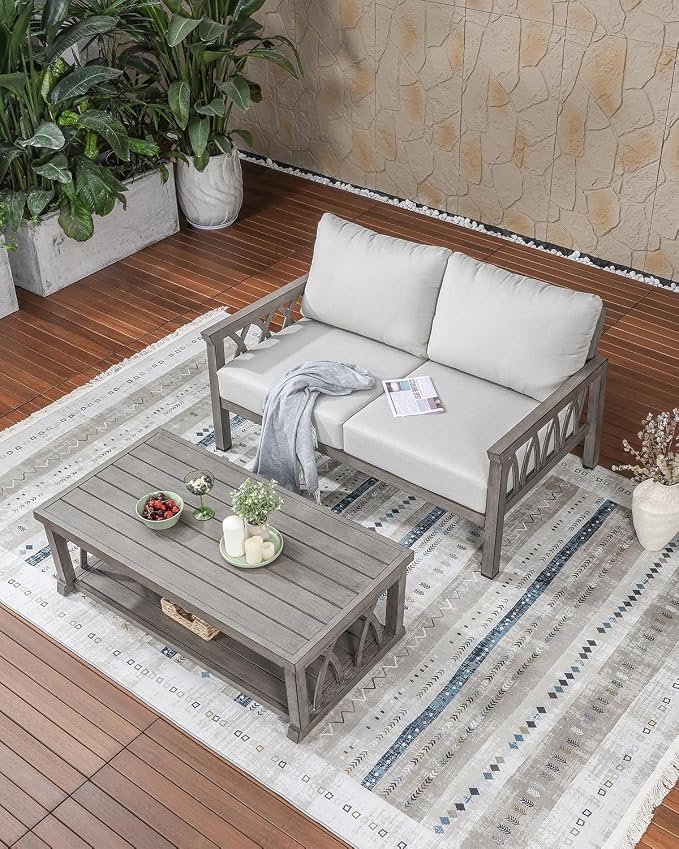 Outdoor Aluminum Loveseat Sofa, 2-Seat Patio Sofa with Thick Cushions, Outdoor Club Sofa Couch, Weather-Resistant Patio Loveseat Furniture for Porch, Garden, Balcony, Limed Oak