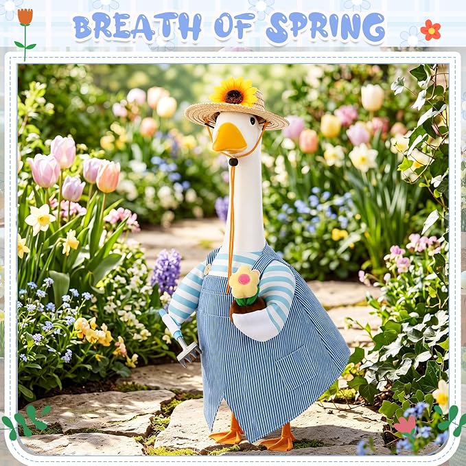 FuWeave Spring Summer Goose Outfit Overalls Gardener Porch Goose Clothes for 23" Large Statue Outdoor Patio Yard Lawn Art Decoration