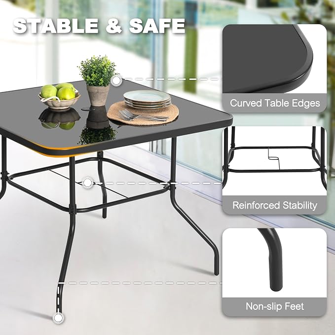 NUU GARDEN 31.5 Inch Square Patio Dining Table, Outdoor Table with Tempered Glass Top and Umbrella Hole, Patio Furniture for Balcony Backyard Poolside, Black