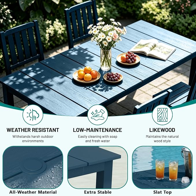 PLUUV 5-Piece Outdoor Dining Set – HDPE Patio Furniture with Aluminum Table, Umbrella Hole, and 4 Armless Chairs, All-Weather Resistant for Garden & Backyard, Navy Blue