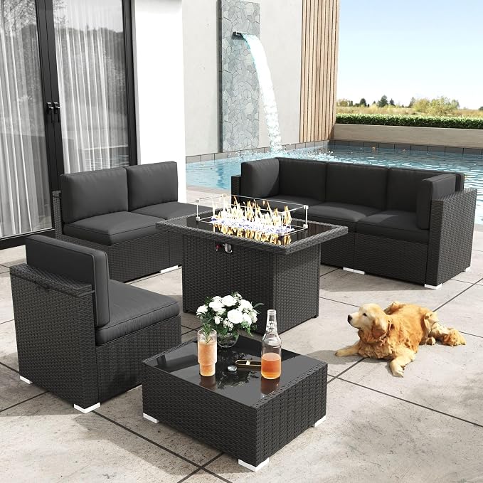 Patio Furniture Set with Fire Pit Table, 8 Pieces Outdoor All-Weather Wicker Conversation Sectional Chair Sofa Set