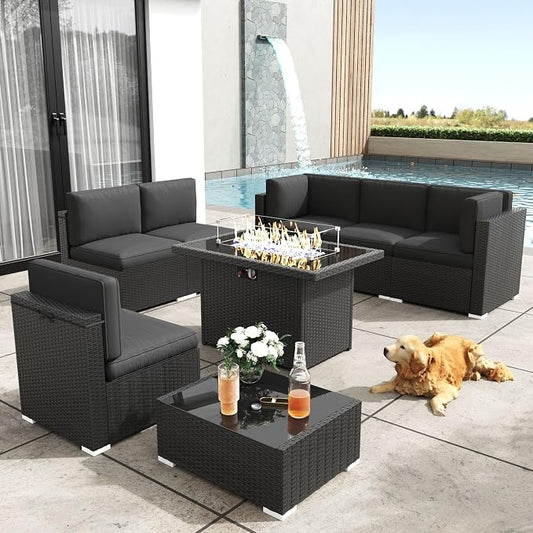 Patio Furniture Set with Fire Pit Table, 8 Pieces Outdoor All-Weather Wicker Conversation Sectional Chair Sofa Set