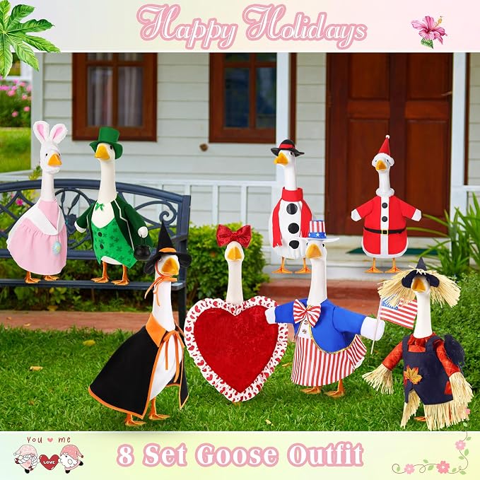 FuWeave 8 Set Holiday Porch Goose Outfits 23'' Goose Clothes Summer Fall Halloween Christmas Winter Thanksgiving Valentine St. Patrick Easter 4th of July Lawn Porch Geese Costume for Patio Yard Decor