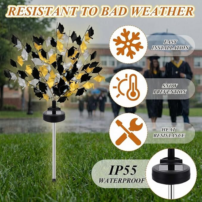 VIHOSE 2 Pack 2026 Graduation Decorations Solar Stake Lights - Gold Black Silver Grad Cap LED Yard Sign, Ip65 Waterproof Solar Powered Outdoor Lights for Class of 2026 Party Lawn Pathway Patio Decor