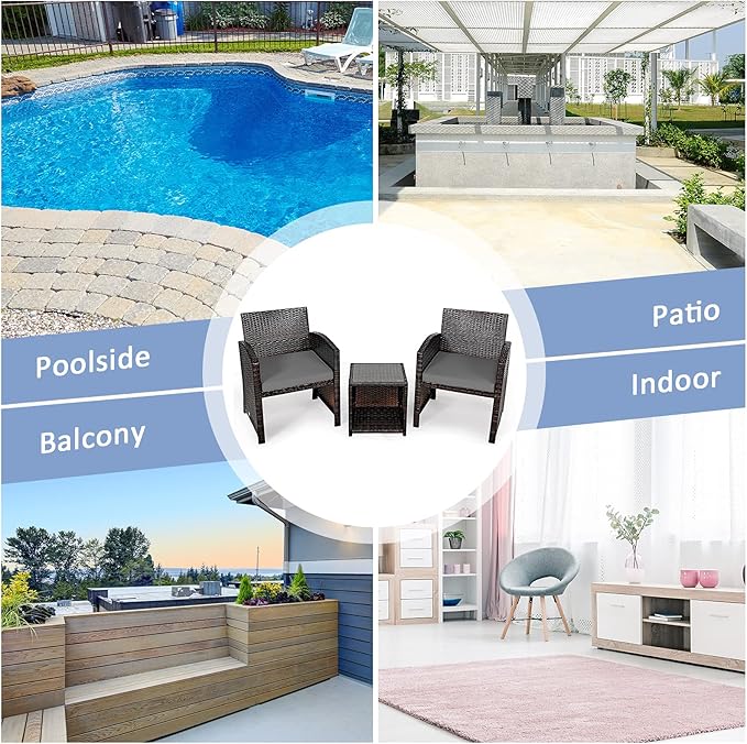 Tangkula 5 Pieces Wicker Patio Conversation Set, PE Rattan Outdoor Chairs & Ottomans Set with Single-Door Storage Coffee Table, Space-Saving Patio Furniture for Poolside, Backyard, Lawn, Deck (Grey)