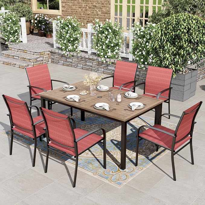 HERA'S HOUSE 7pc Outdoor Patio Dining Set, Wood-Look Metal Table, Red | 64" rectangular table with umbrella hole, 6 textilene chairs. Waterproof, rust-resistant, all-weather for backyard, porch