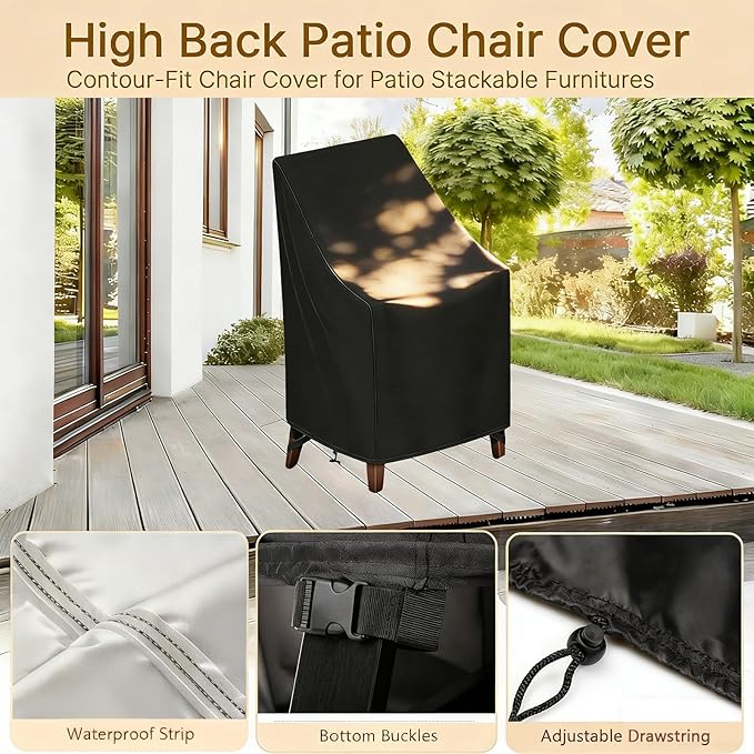 High Back Patio Chair Cover,Waterproof Covers for Stackable Dining Chairs,Outdoor Patio Furniture Seating Set Shield (27”W x 30”D x 42”H,2-Pcs)