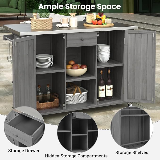Outdoor Kitchen Island Fir Wood Kitchen Island with Stainless Steel Top,Ample Storage Space, Towel and Spice Racks and a Bottle Opener for Outdoor (Grey@53)