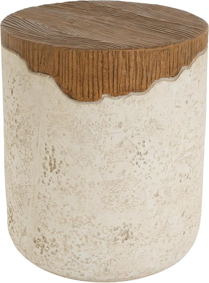 Outdoor Side Table, Modern Organic MGO Accent End Table for Patio, Living Room, Beige Tone Rustic Textured Base with Wood Grain Top